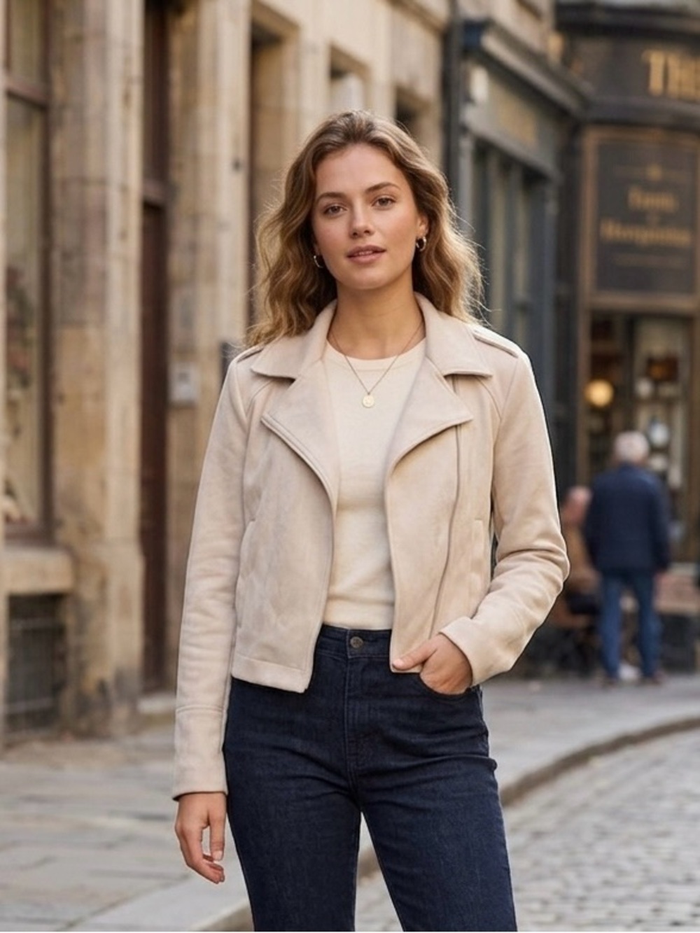 Philosophy Light Beige Suede Moto Jacket